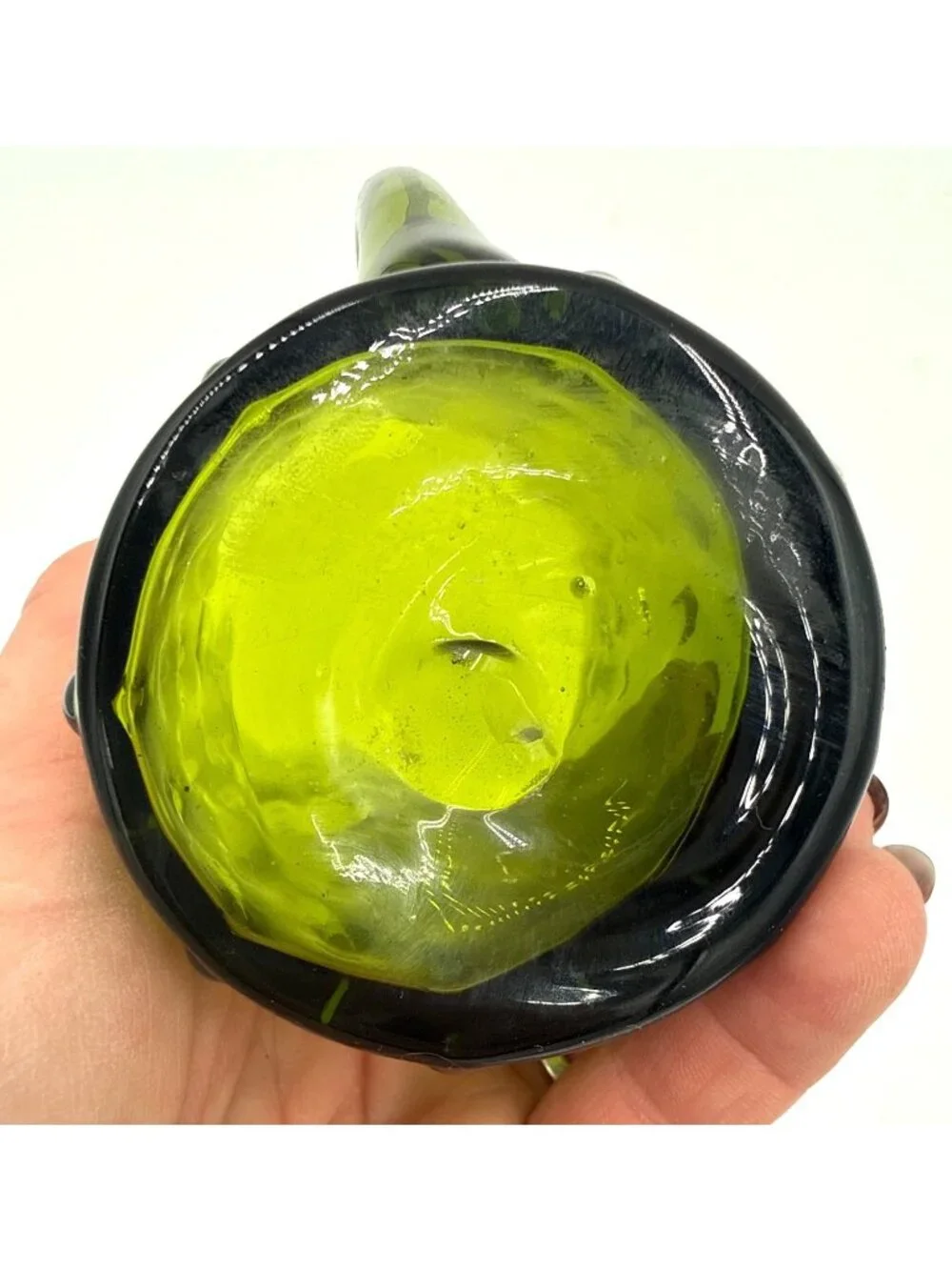Vtg Handled Small Blown Art Glass Teardrop Pattern Avocado Green Pitcher/Creamer